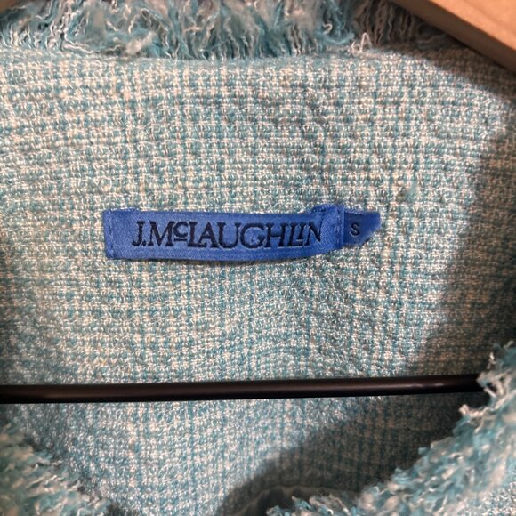 J.McLaughlin Womens Tweed Fringe Trim Open Front Jacket Size S Blue - Picture 3 of 5